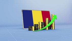 Romania Flag with Growing Stacks of Gold Coins and Upward Arrow - Powered by Shutterstock - Get 15% off with code: PIKWIZARD15