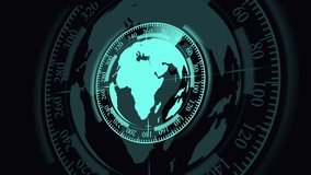 Teal Earth Globe Overlay on Radar Screen with Compass and Sweep Line display sonar. Digital radar interface with teal globe overlay, compass, and sweep line highlighting sonar signals. - Powered by Shutterstock - Get 15% off with code: PIKWIZARD15