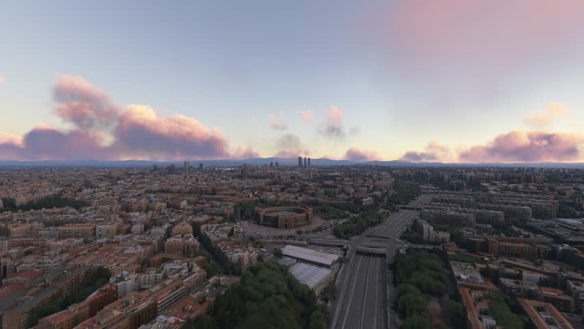 3D - Sunset aerial drone shot of Plaza de Toros Las Ventas in Salamanca. Madrid. Spain