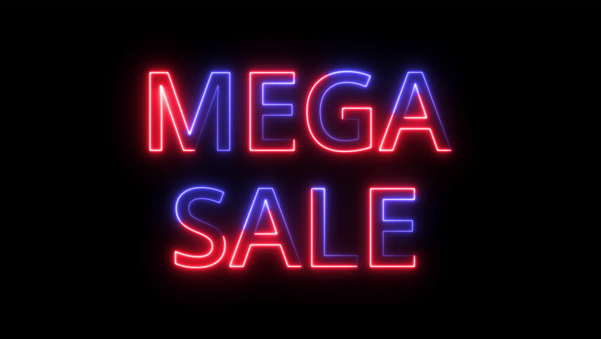 Neon Mega sale text sign animation on black background, Neon glowing colorful Mega sale text sign animated in 4k.	