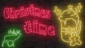 Xmas time! + silhouette of Christmas coffee and elk illuminated 3d illustration retro neon signs, sweet and cute 10s 4k video art in green red and gold, merry Christmas, sstkChristmas, coffee shops - Powered by Shutterstock - Get 15% off with code: PIKWIZARD15