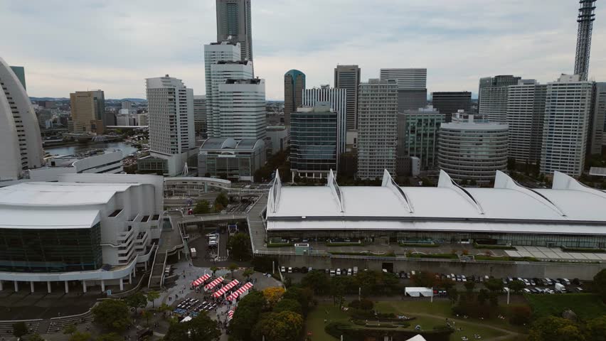 Yokohama cityscape as symbol of sustainable growth, climate balance, cloudy day