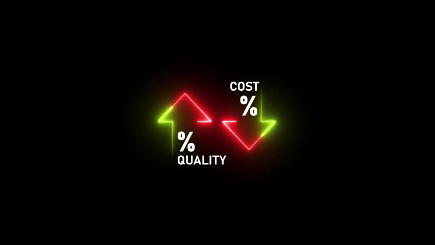 Successful organization strategy and management quality control. Percentage icon of silhouette quality up cost down arrow animation on the black background . 4k motion graphics animation video