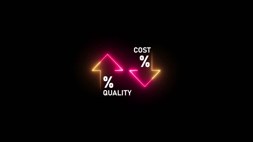 Successful organization strategy and management quality control. Percentage icon of silhouette quality up cost down arrow animation on the black background . 4k motion graphics animation video