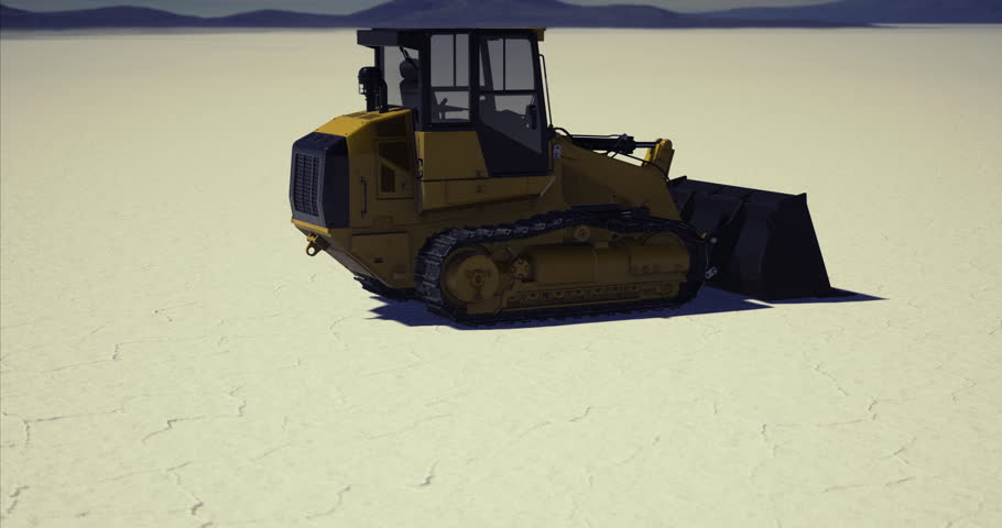 A bulldozer maneuvers through a barren, arid terrain, its heavy machinery creating tracks on the cracked ground. The expansive sky and distant mountains provide a dramatic backdrop.