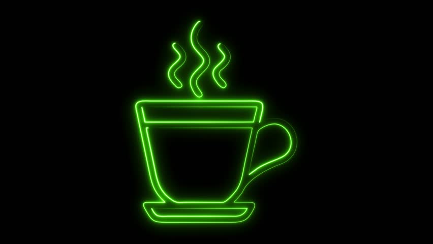 Vibrant neon green coffee cup animation with steaming beverage, perfect for modern cafes, tech-themed promotions, or energizing morning routine content. Dynamic, glowing design.