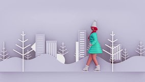 Modern 3D animation of a cheerful woman ice skating in a pastel winter landscape with city skyline and trees, representing freedom, relaxation, seasonal recreation, wellness, joy, and urban winter lif - Powered by Shutterstock - Get 15% off with code: PIKWIZARD15