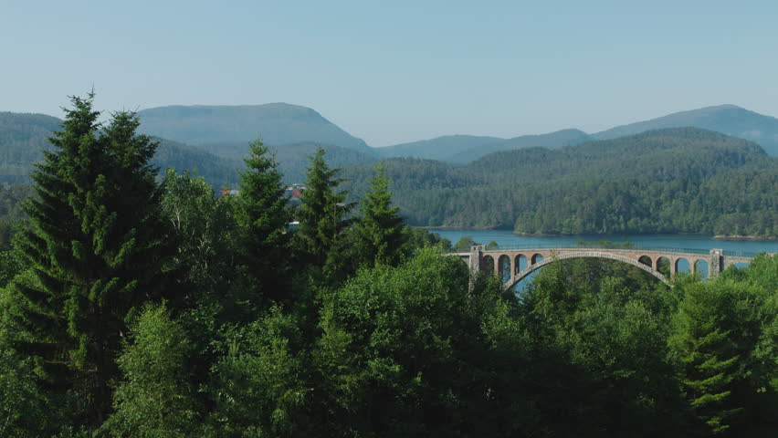 Wide shot of a beautiful landscape in Norway on a bright day with a lot of pine trees and a bridge