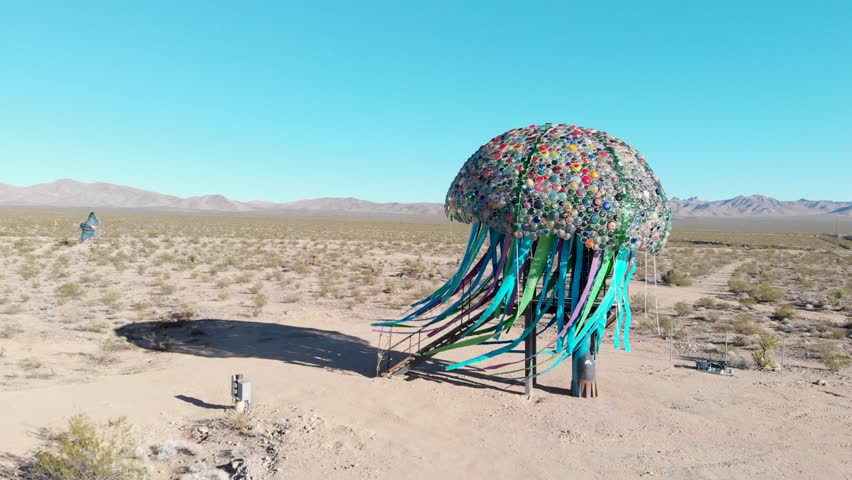 Desert art aerial shot of a jellyfish installation in Nipton, CA