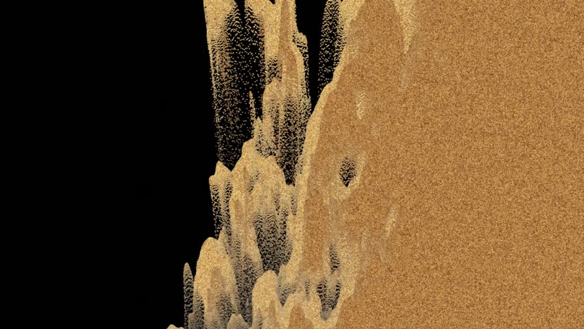 Animation of sand particles falling on black background, sand transition effect.