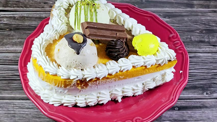 Ice cream cake of assorted and various flavors with a sponge cake layer within ice cream and whipped cream, Ice cream of mango, vanilla and chocolate, with pistachio ball and sauce and hazelnut ball