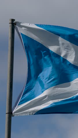 Blue and white saltire flag flutters dynamically on flagpole outdoors under natural daylight, cloudy background