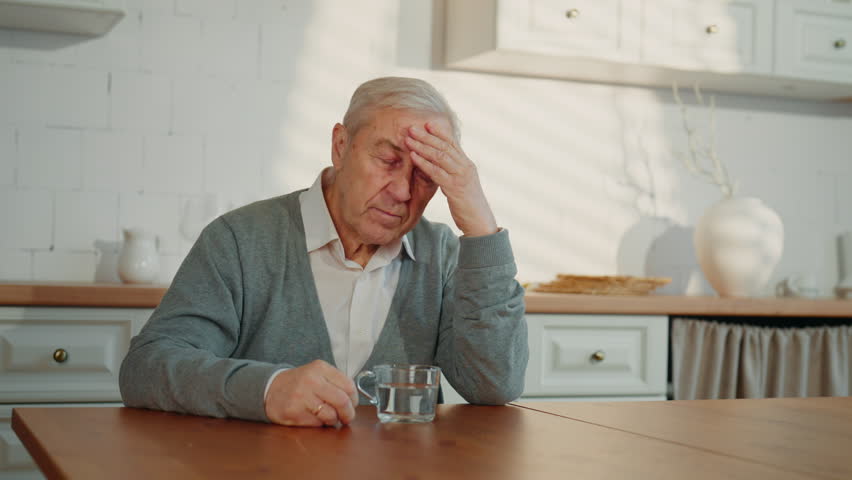 Elderly male person feeling headache, rubbing forehead, portrait in home kitchen . Loneliness and diseases in old age, 70-years-old granddad relaxing and drinking water, healthcare for senior people