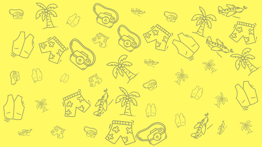 Animated holiday pattern with doodle-style travel icons on yellow background. Great for summer themes, travel videos, vacation branding, and cheerful design loops.