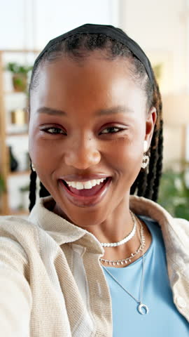 Media agency, video call or black woman in office, selfie or subscription for magazine website. African person, talking or journalist with app, online chatting or photography for startup promotion