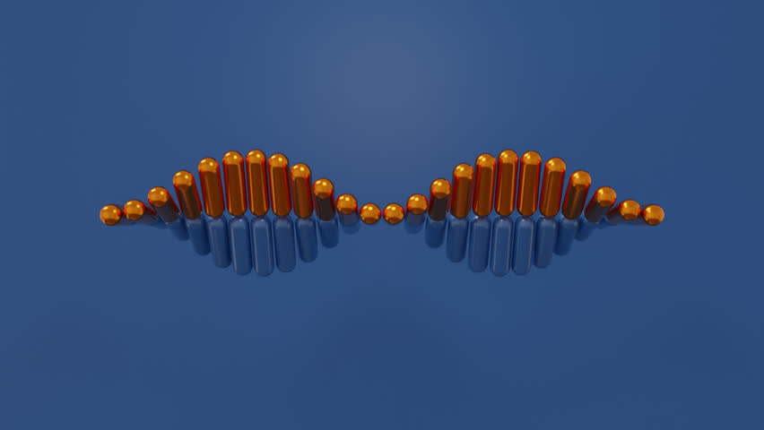 Abstract 3d background showing pairs of blue and orange capsules aligned in a linear pattern, rotating in a rhythmic wave movement on a white backdrop for clean modern digital compositions