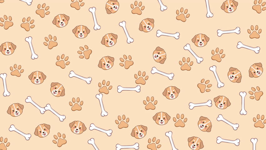 Repeating dog motifs of faces, paw prints, and bone shapes. Ideal for petrelated designs like packaging, stationery, fabrics, and merchandise.