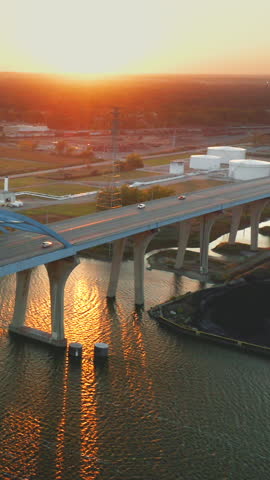 The Leo Frigo Memorial Bridge rises gracefully over the Fox River in Green Bay, Wisconsin, where warm sunset light reflects across rippling water and passing vehicles trace soft motion.