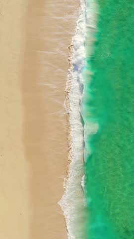Cinematic vertical drone footage showing vivid turquoise ocean waves softly breaking onto smooth golden sand. Ideal for nature backgrounds, travel ads, or tropical resort promos in Hawaii or Thailand.