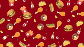 Burgers, hot dogs, fries chicken,  and donuts on a red background. Suitable for food menus, social media posts, and restaurant promotions. Perfect for vibrantly advertising fast food options. - Powered by Shutterstock - Get 15% off with code: PIKWIZARD15