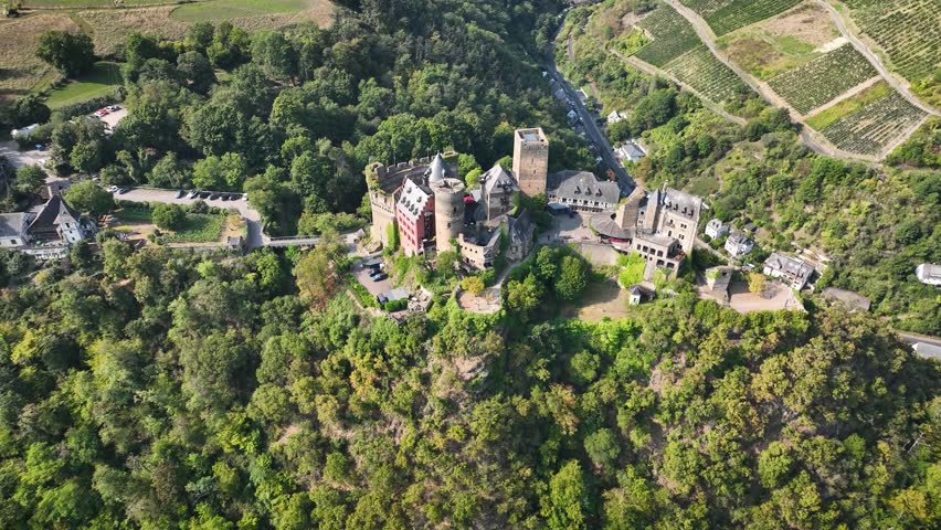 Panoramic aerial view of picturesque medieval castle Schönburg and steep vineyards in Germany. Terraced wine slopes, historic architecture in winding river valley. 