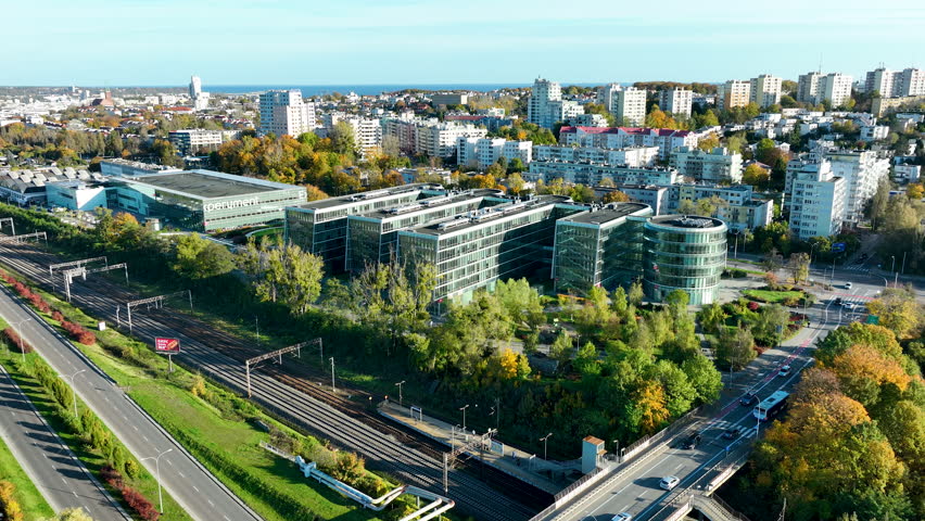 Aerial panorama of modern business complex and residential district near the sea in Gdynia, Poland - PPNT