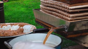 Golden brown apple juice flowing from a home garden press into a bucket in slow motion and a male hand takes the bucket away. Shallow depth of field and bokeh blurry green grass in the background. - Powered by Shutterstock - Get 15% off with code: PIKWIZARD15