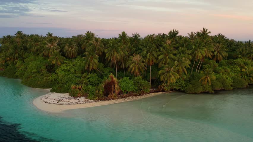 Aerial view of a lush tropical island, vivid turquoise waters contrast with the deep blue ocean, creating a stunning visual, Maldives.