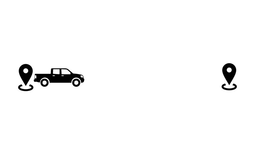 A black and white animation illustrating a pickup truck moving along a dashed route between two map location pins.