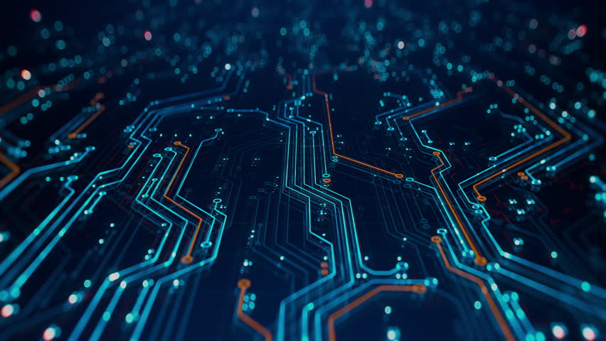 Loopable Animation with Colorful Printed Circuit Board Pattern. Modern Abstract Technology themed Background with Lines and Motherboard Traces. Concept: Innovation in Electronics and Engineering