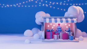 Christmas gifts loop animation. 3d render cartoon style. Xmas Eve and New Year celebration, holidays, winter, shiny festive decorations. Present box, gift, shopping bags. winter snowy landscape - Powered by Shutterstock - Get 15% off with code: PIKWIZARD15