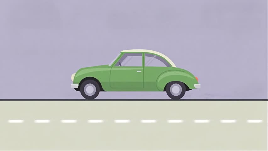 A green cartoon car drives along a road with dashed lines. Simple animation style.