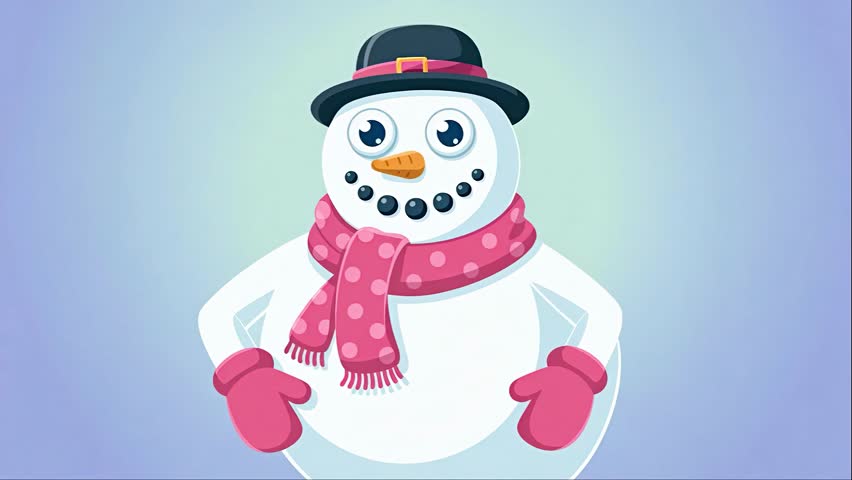 A cute snowman with a hat, scarf, and mittens waving hello in a winter scene.