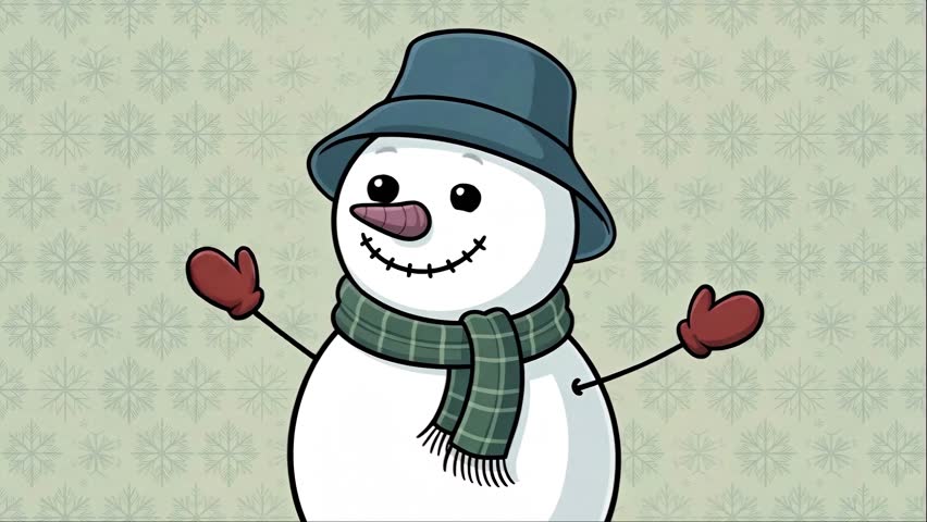 A cheerful animated snowman wearing a hat scarf and mittens waves happily. This is a seamless loop animation perfect for winter holiday greetings.