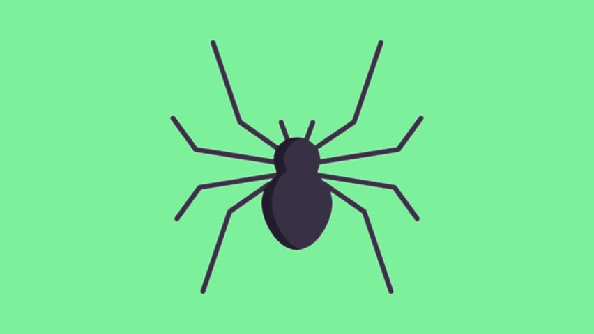 Simple animated spider icon with dark body and legs on a bright green background for motion graphics and design projects