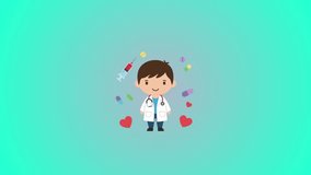 Cute cartoon doctor illustration surrounded by floating medicine, syringe, capsules, and heart symbols on a teal background, representing healthcare and treatment. - Powered by Shutterstock - Get 15% off with code: PIKWIZARD15