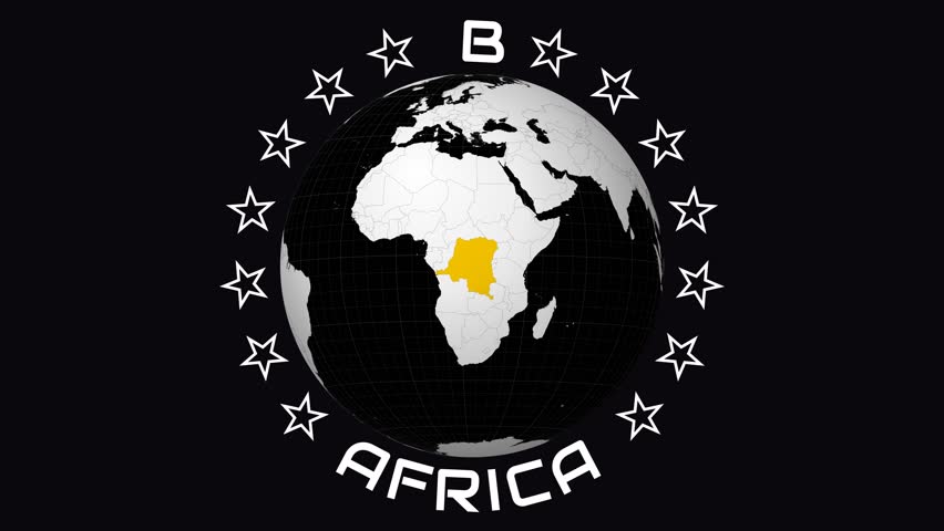 Democratic Republic of the Congo map. Animated zoom into the country on the globe in a black and white color palette. Country logo animation. Map with meridians and parallels. Neat video.