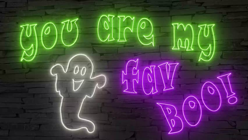 You are my fav boo! + silhouette of happy ghost illuminated 3d illustration retro neon signs, sweet and cute 10s 4k video art, funny and cute Halloween wishes, send to friends and family!