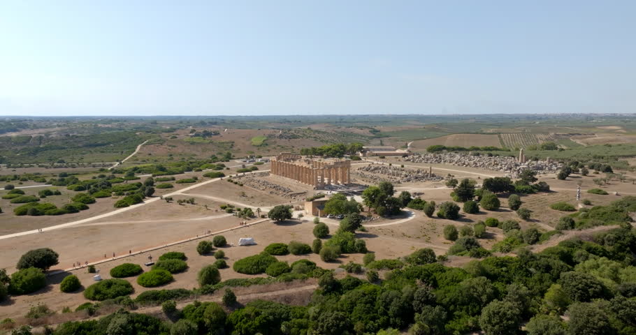 Aerial view of the archaeological site of Selinunte, located in the province of Trapani, Sicily, Italy. At the center of the archaeological park is the Temple of Hera, a symbol of Magna Graecia.