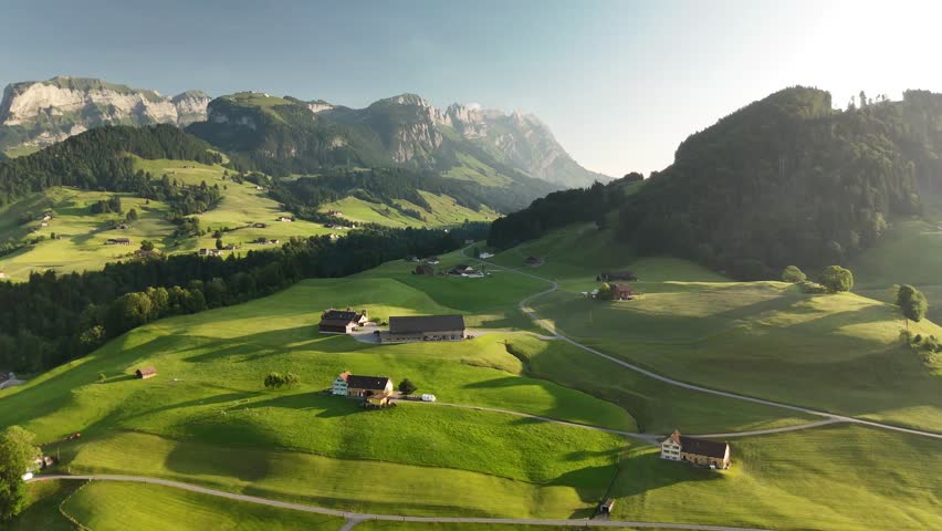 Aerial Landscape of Hoher Kasten and Swiss Countryside with Mountains and Meadows