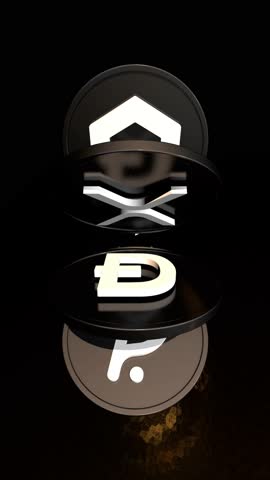 Rotating 3D cryptocurrency coins with Bitcoin and blockchain symbols on dark background.