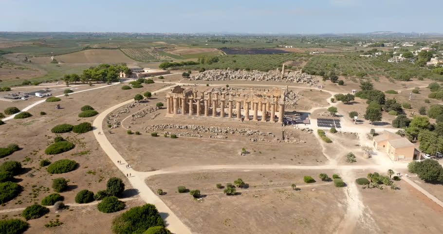 Aerial view of the archaeological site of Selinunte, located in the province of Trapani, Sicily, Italy. At the center of the archaeological park is the Temple of Hera, a symbol of Magna Graecia.