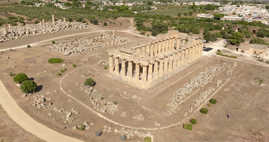 Aerial close-up of the Temple of Hera in Selinunte, in the province of Trapani, Sicily, Italy. It is a Greek temple of the Doric order, built around the first half of the 5th century BC. 