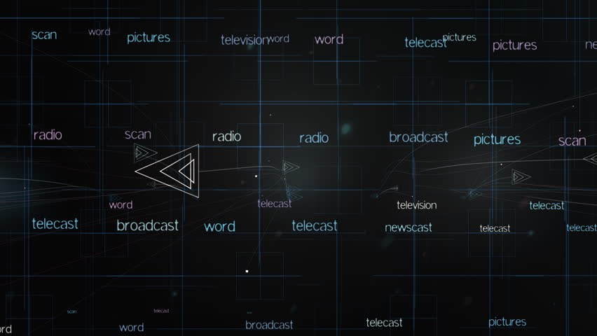 Abstract Digital Network Grid, Broadcast Telecast Radio Television Signal. A dark, high tech background with scattered media words like broadcast, telecast, radio, scan, pictures, and television 