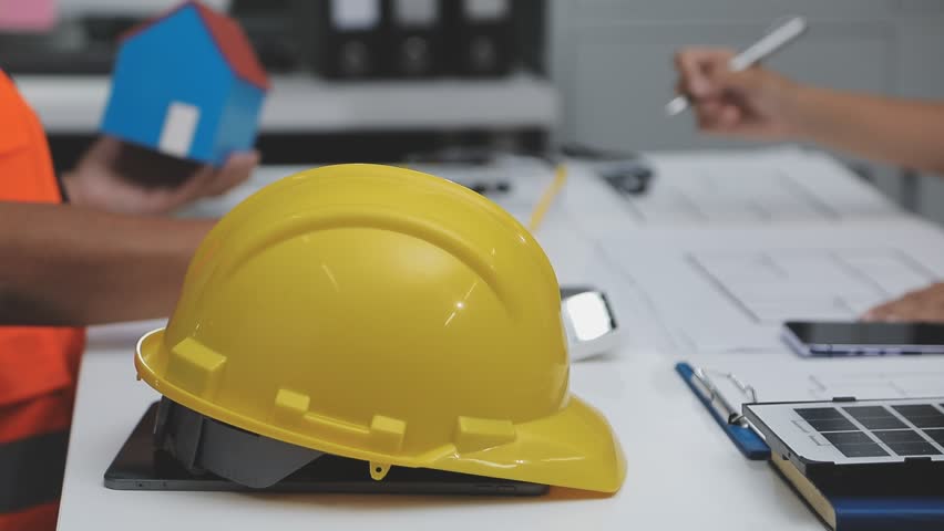 team of multiethnic architects working on construction plans in meeting room engineers discussing on project in office mature businessman and woman standing around table working on blueprint no logos