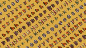 Seamless looping pattern featuring turkey, cornucopia, calendar, wreath, and Happy Thanksgiving symbols on yellow background. Ideal for holiday and autumn themes. - Powered by Shutterstock - Get 15% off with code: PIKWIZARD15