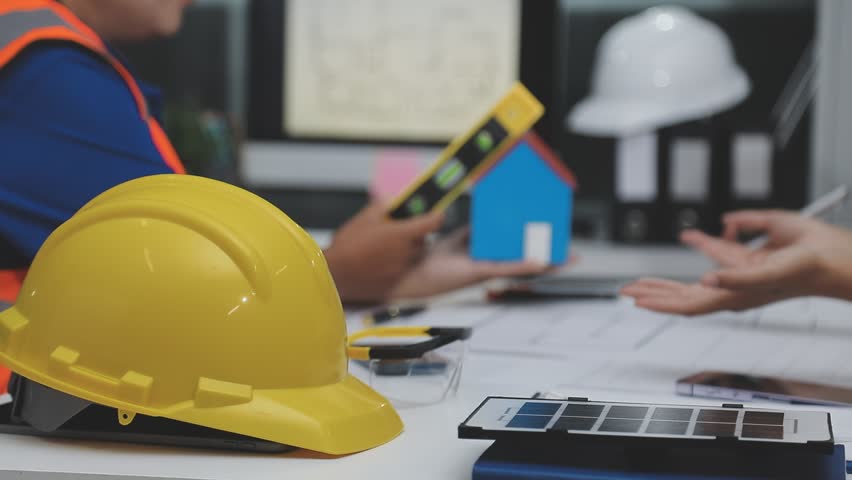 team of multiethnic architects working on construction plans in meeting room engineers discussing on project in office mature businessman and woman standing around table working on blueprint no logos