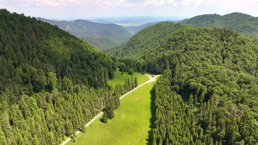 A slow forward drone descent over a peaceful valley in the Low Tatras, with dense green forest and a winding road on a sunny summer day, capturing calm mountain scenery and natural beauty.