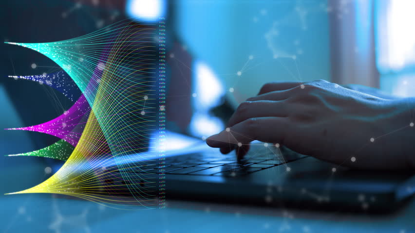 Futuristic digital document management concept showing a hand working on a laptop with virtual electronic files and checklists. Ideal for illustrating modern data processing, paperless workflow,