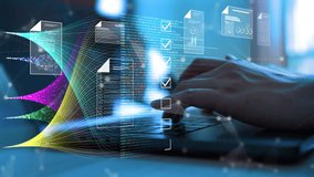 Futuristic digital document management concept showing a hand working on a laptop with virtual electronic files and checklists. Ideal for illustrating modern data processing, paperless workflow, - Powered by Shutterstock - Get 15% off with code: PIKWIZARD15